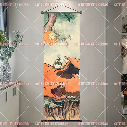 Classic Anime Pokémon Retro Scroll Painting Poliwhirl Pikachu Eevee Charizard Dragonite Squirtle Bulbasaur Creative Poster Gift