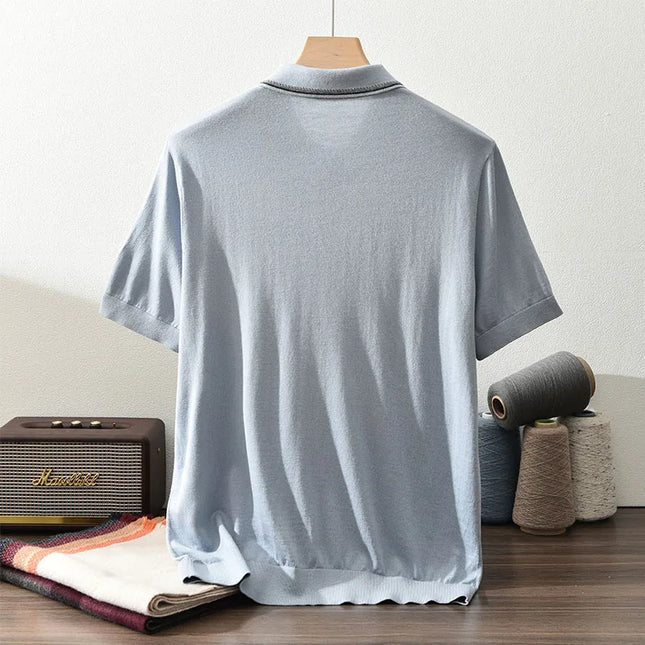 85% Silk+15% cashmere men's T-shirt casual solid color knitted pullover short sleeved POLO Neck Tees basic Tops