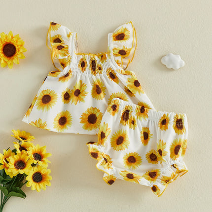 Baby Girl Summer 2Pcs Outfits Watermelon/Sunflower/Ocean Print Ruffled Trim A-Line Flying Sleeve Square Neck Tops and Shorts Set