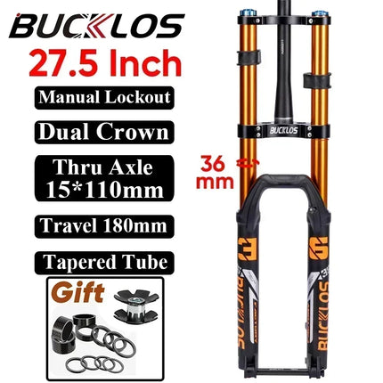 BUCKLOS Double Shoulder MTB Suspension Fork 27.5/29" Mountain Bike Front Air Fork 180mm Travel 51mm Offset Disc Brake Forks
