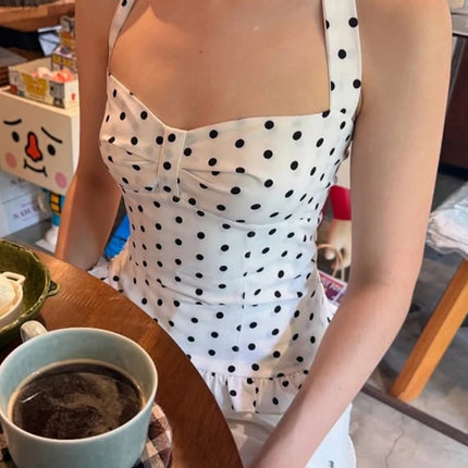 Weird Puss Polka Dot Print Top Women Halter Low-Neck Bandage Ruffles Backless Sleeveless Skinny Summer Trend Street Basic Vest