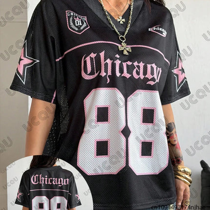 Summer New Chicago No.88 Print T Shirt For Women V-Neck Patchwork Short Sleeve Sports Football Jersey Y2K Loose Oversized Tops
