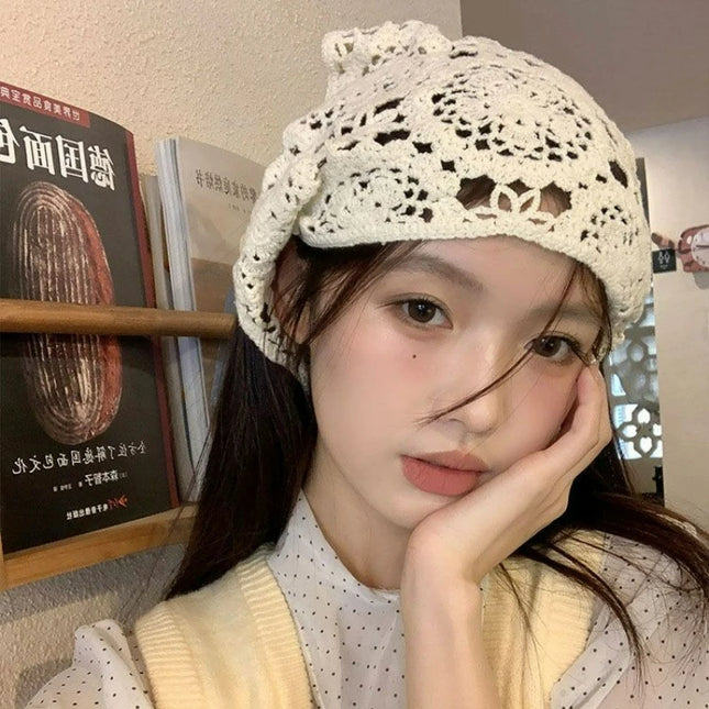 Bohemian White Cotton Lace Triangle Hair Scarf for Women Knitted Flower Hollow Out Headband Wraps Hair Waist Decoration Outfits