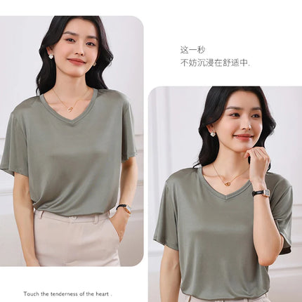 2026 Summer New Women's T-shirt V-neck Knitted Women's Short Sleeve High end Acetate Fiber White Fashion Women's Top