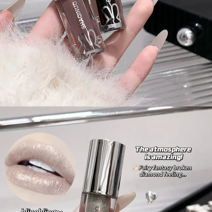 SHAQINUO Water Light Mirror Lip Gloss Lasting Moisturizing Cool Black Silver Gray Pearlescent Fine Sparkling Lipstick Lip Oil