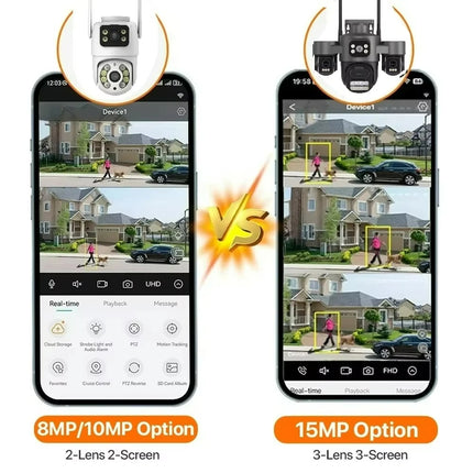 15MP ICSEE Protocol Security Camera 3-HD Screens Auto Tracking Color Night Vision 2-Way Audio Outdoor WiFi CCTV Cam