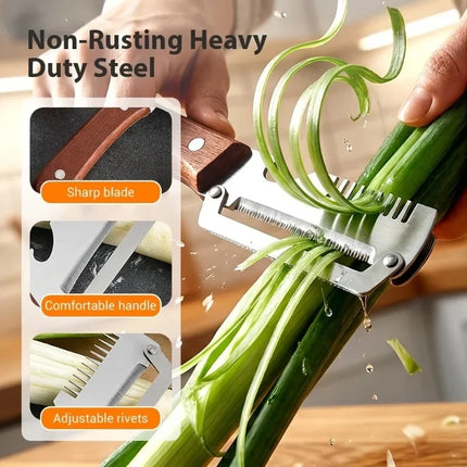 Two-piece heavy-duty stainless steel peeler and slicer，Equipped with a bottle opener and straight blade design。Suitable for suga