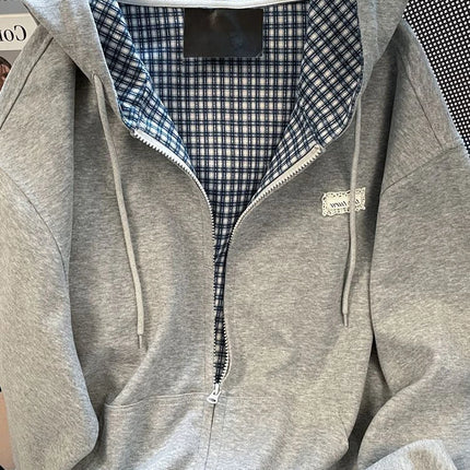 Jmprs Plaid Patchwork Vintage Hoodies Women Loose Preppy Style Gray Sweatshirts Fall Winter Loose Long Sleeve Sweet Korean Tops