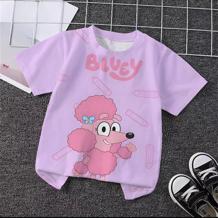 Unisex Bluey Toddler 3D T-Shirt Summer Cool Breathable Short Sleeve Cartoon Print Lightweight Casual Tee for Boys and Girls