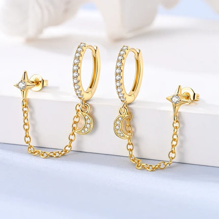 925 Sterling Silver Gold Color Star Moon Chain Stud Earrings for Women Girl Ear Studs Fine Jewelry Fashion Luxury Anniversary