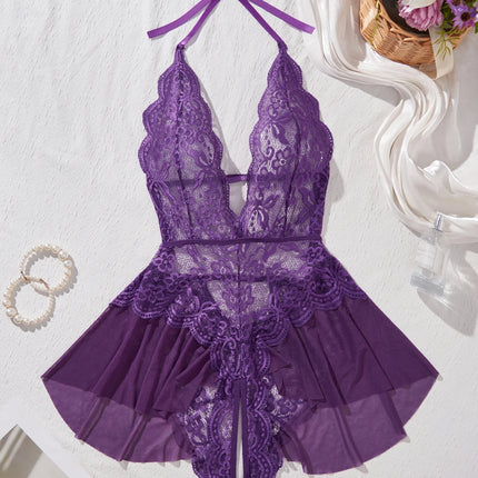 Lace Up Halter Deep V Babydoll Dress Backless Hollow Out Women Date Night Outfit