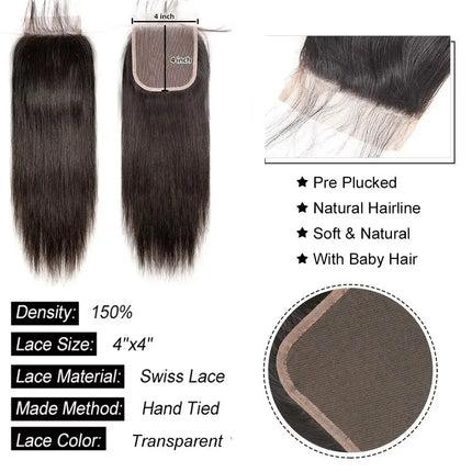 Straight 4x4 HD Lace Frontal Closure Brazilian Virgin Human Hair 13x4 HD Transparent Lace Front Closure Remy Human Hair Closure