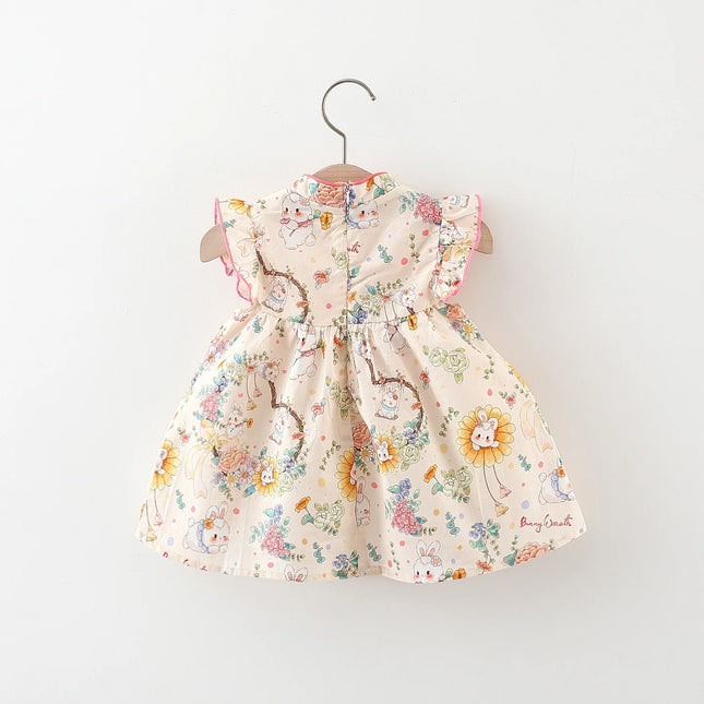 Summer Chinese Style Girls' Dress Baby Girls' Cartoon Bunny Flower Print Small Fly Sleeves Stand Collar Button Princess Dress
