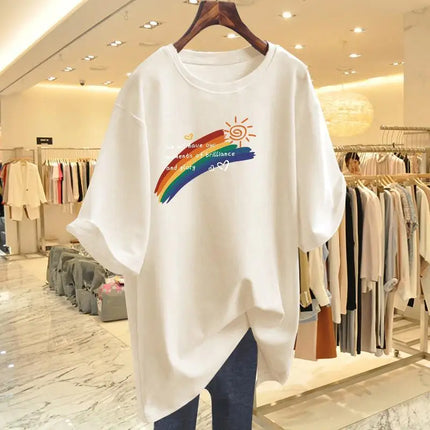 Women Clothing Fashion Hand-Painted Rainbow Print Tshirt Summer O-neck Short Sleeve 100 Cotton Basic Tee Loose Chic Top 45-105Kg