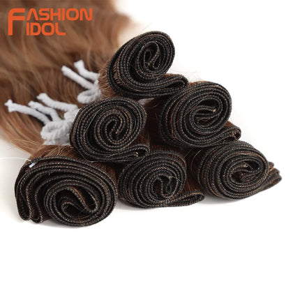 FASHION IDOL Water Wave Hair Bundles Synthetic Hair Extensions Ombre Blonde Brown Cosplay Weave Hair Bundles 20 inch 6Pcs Hair