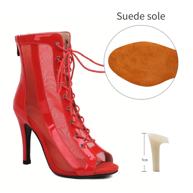 Women's Latin Salsa Dance Jazz Dance Shoes Girls Ballroom Dance Club Short Boots Ladies Lace-Up Fashion Fine Sand Dance Boots