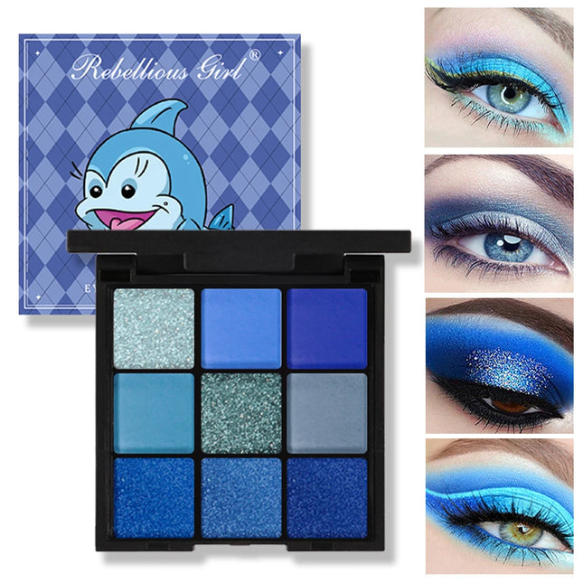 9 Color Blue Eyeshadow Palette Matte Shimmer Dolphin Eye Shadow Palette Glitter Makeup Pigmented Long Lasting Professional
