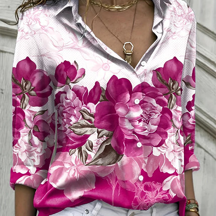 Plus Size 2024 Summer New Women's Printed Pattern Shirt Single Row Button Lapel Long Sleeve Shirt Polyester Material