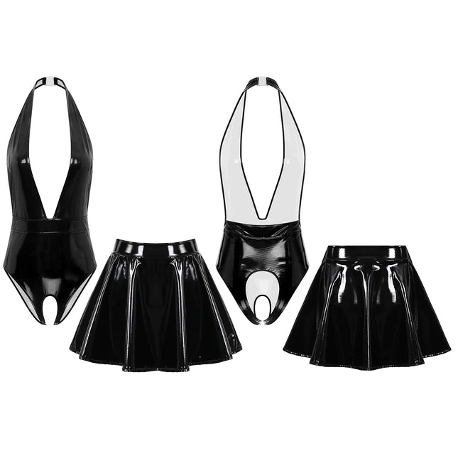 Sissy Women's Leather Lingerie Set Halter Sleeveless Crotch Opening Bodysuit with Mini Skirt Set for Lingerie Tempting Nightwear