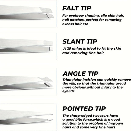 4Pcs Stainless Steel Precision Tweezers Set - For Grooming Eyebrows, Facial Hair, Comes with Convenient Travel Case
