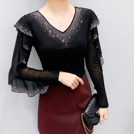 2025 Autumn New Style Mesh Tops Korean Fashion Round Neck Ruffles Shirt Lotus Leaf Edge Hot Diamond Long Sleeve Women T Shirt