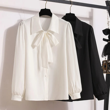 2026 Plus Size Women's Shirt Lantern Sleeve Butterfly Knot Casual Tops White Commute Formal Fashion Blouse Woman Clothing