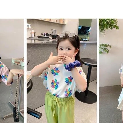 1pcs Summer Kids Flower Print Tops Clothes Girls Korean Style Shirt Children Short Sleeve T-shirts Child Casual Comfort T Shirs