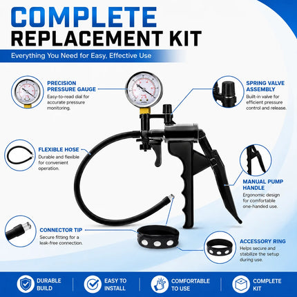 Men Manual Vacuum Pump Handle Replacement Set, Hand Grip with Pressure Gauge Hose Tube Connector Valve Accessory Kit