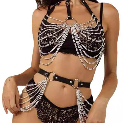 Sexy Women Bondage Lingerie Fashion PU Leather with Chain Harness Belt Abjustable Bdsm Goth Fetival Carnival Costume Decortive