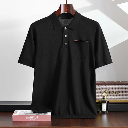 Spring and Summer New Polo Collar 100% Fine Wool Short Sleeve Men's Business Casual T-Shirt with Turn-down Collar and Pocket