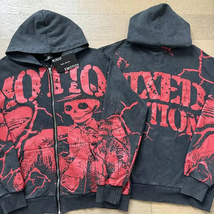 Mixed Emotion Zipper Hoodie Thin Pure Cotton Print Diamond Pattern Casual Streetwear Sweatshirt Red