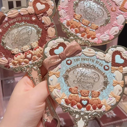 Flower Knows Sweetie Bear Collection Hand-Holding Mirror 3 Types Exquisite Relief Makeup Tools Cute HD Makeup Mirror