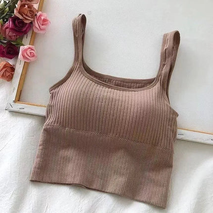 Summer Crop Top Women Seamless Square Collar Wide Straps Tank Top Knitted Striped Camisole Solid Corset Top Female