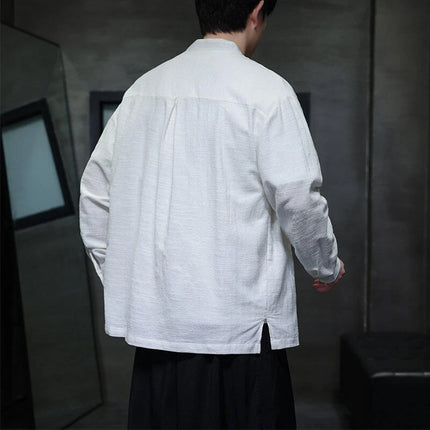 Chinese Style Men Long Sleeve Casual Shirt New 2026 Spring Vintage Mandarin Collar Loose Male Cotton Linen Tops Shirts N055