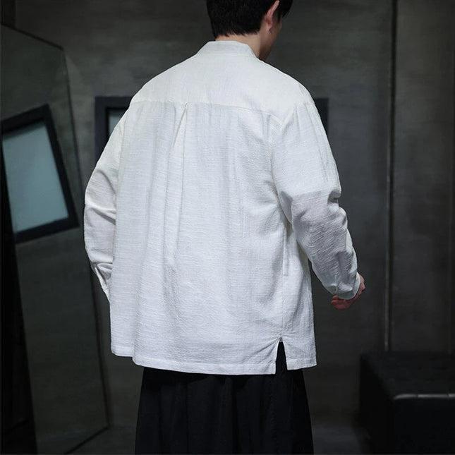 Chinese Style Men Long Sleeve Casual Shirt New 2026 Spring Vintage Mandarin Collar Loose Male Cotton Linen Tops Shirts N055