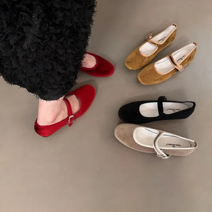 Vintage Flat Velvet Korean Style Mary's Single Shoes Women's 2024 New Spring Autumn Winter Red Warm Evening Shoes