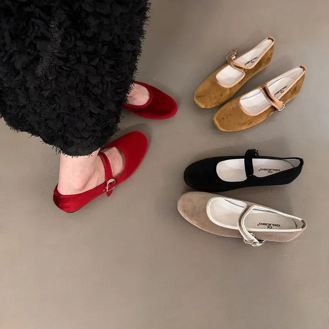 Vintage Flat Velvet Korean Style Mary's Single Shoes Women's 2024 New Spring Autumn Winter Red Warm Evening Shoes