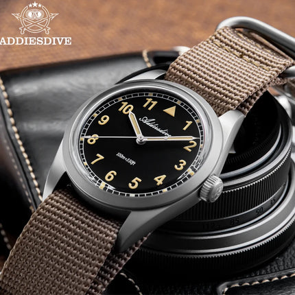 ADDIESDIVE Retro Men's Watch K1 Mineral Glass Stainless Steel 100m Waterproof Night Light Watch 36mm Movement Nylon Quartz Watch