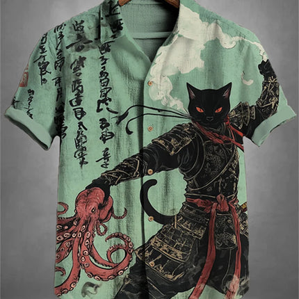 Men's blue and white color-blocked short-sleeved shirt with black cat print, collared casual outdoor vacation Hawaiian shirt.