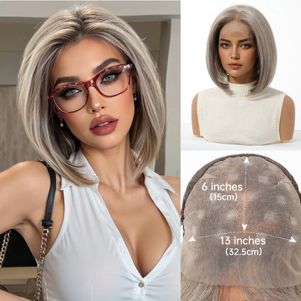 Topshe 13x6 HD Lace Frontal Bob Wig Ash Gray Pre-Plucked Natural Hairline Hand-Woven Undetectable Realistic Synthetic Wigs
