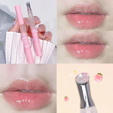 Peach Lip Oil, enriched with plant-based squalane, contains vitamin E and glycerin for long-lasting hydration and soft lips.