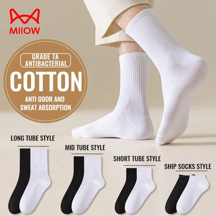 MiiOW 100% Pure Cotton Socks Men Business Dress White Black Long Sock Deodorant Antibacterial Sports Sock Running Short Sock
