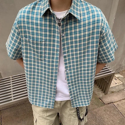 American Retro Plaid Shirt Men's Short Sleeve Summer Casual Trendy Ice Silk Men's High Fashion Brand Handsome Coat