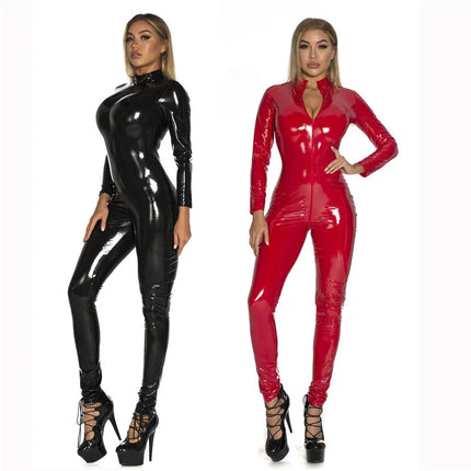 Plus Size Faux Leather Latex Catsuit Sexy Zipper Open Crotch Long Sleeve PVC Tight Bodysuits Club Party Sexy Hot Erotic Jumpsuit