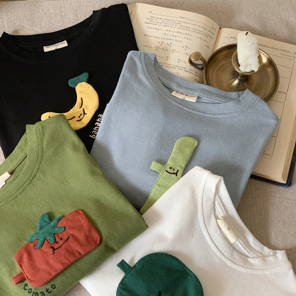Autumn style children's clothing, Japanese style t-shirt, long sleeved, boys' and girls' three-dimensional patch fabric, fruit b
