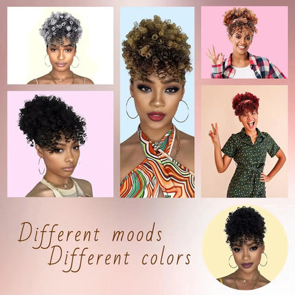 Synthetic Afro Puff Drawstring Ponytail with Bangs Short Afro Kinky Curly Ponytail Extension Updo Hairpiece Ponytail Bun