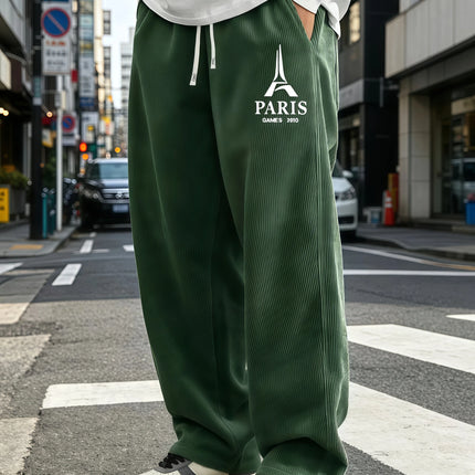 Mens Corduroy Wide Leg Trousers Elastic Drawstring Waist Eiffel Tower Letter Print Loose Straight Casual Street Pants S-4XL