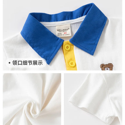 2026 Summer Boys' Polo Shirt Bear Patchwork Kids' Clothing Children's Top Wear Boys' Clothing Short Sleeve Toddler Outfits
