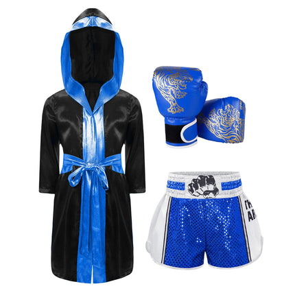 Boys Girls Halloween Carnival Boxer Cosplay Costume Boxing Robe Outfit Long Sleeve Satin Pugilism Hooded Cloak with Belt Shorts