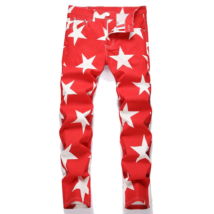 Men Stars Print Jeans Y2K Fancy Color Stretch Cotton Denim Pants Fashion Slim Straight Trousers